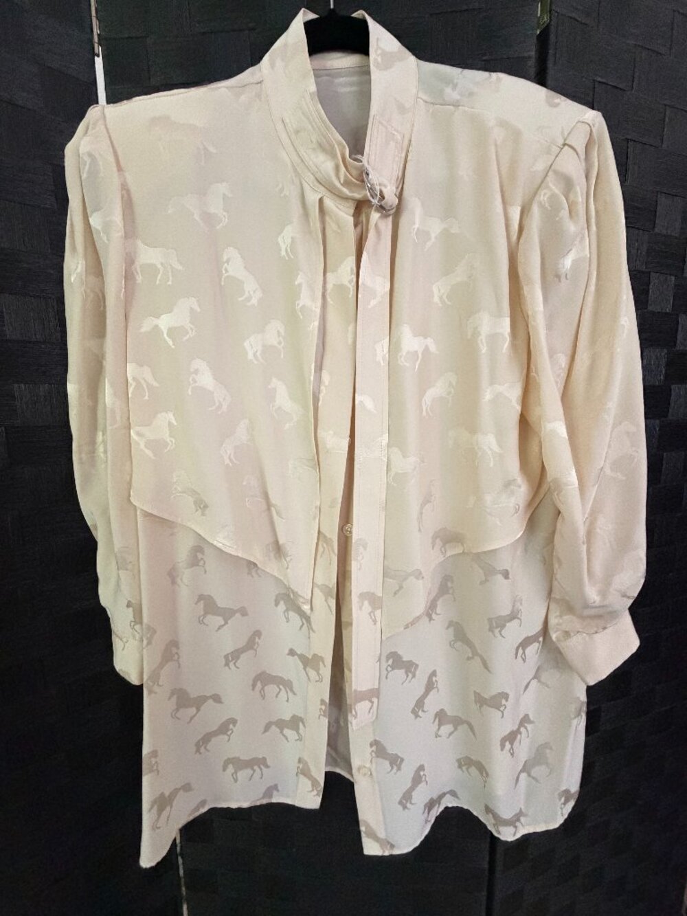 Stella McCartney silk blouse, Ivory with horse motif w/ buckled collar. US 12.